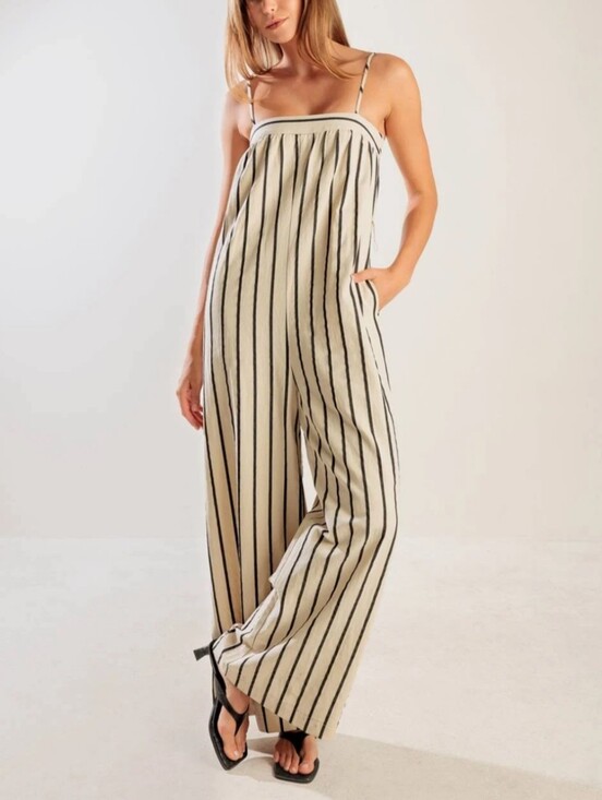 Freemarket Pants - Brady Striped Wide-Leg Jumpsuit - Cream/Black